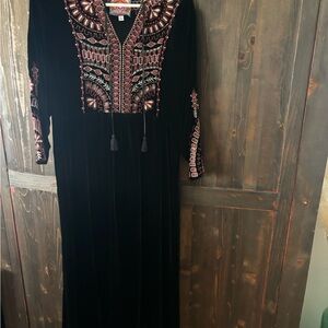 Johnny Was Black Velvet Maxi/Midi Dress with Rust Embroidery